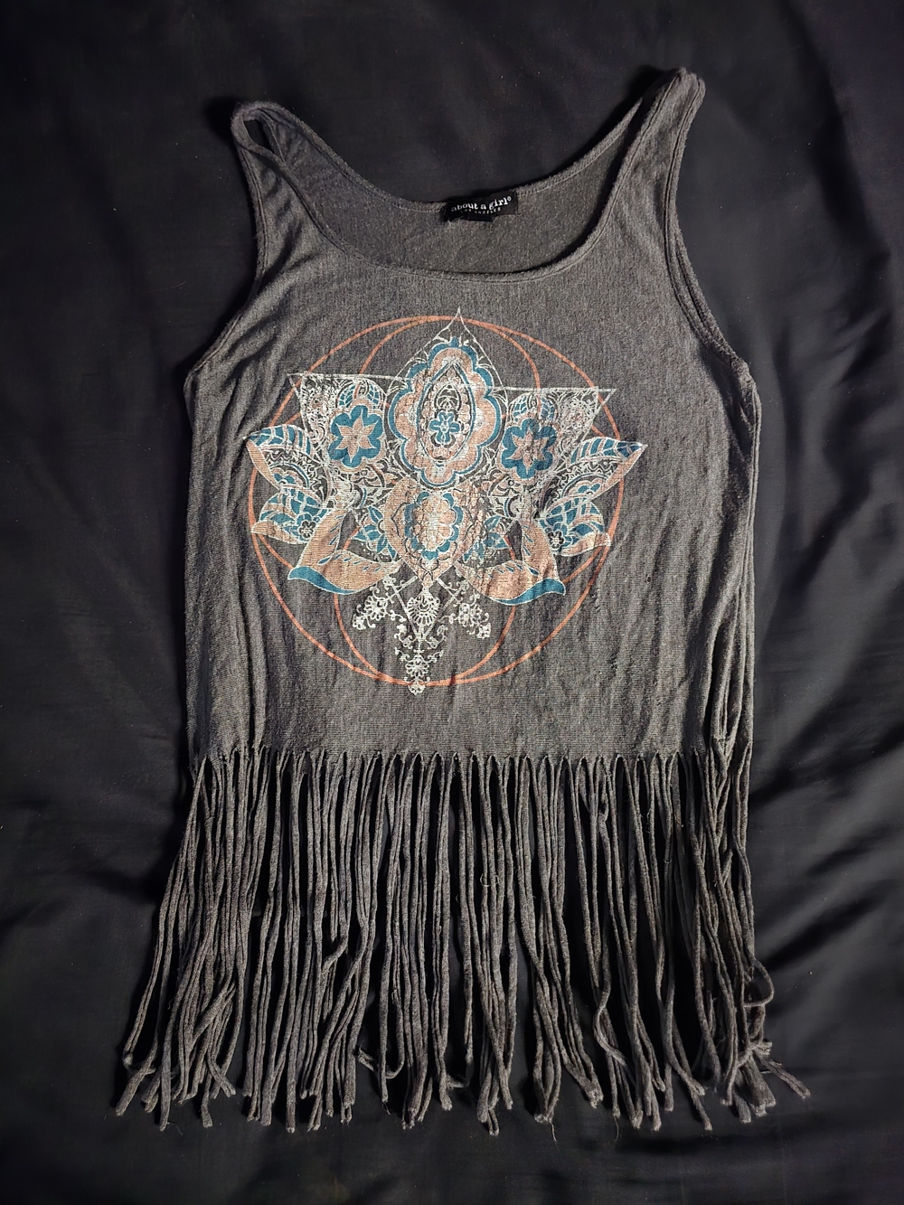 About A Girl Grey Tank Top with Teal and Rust Medallion